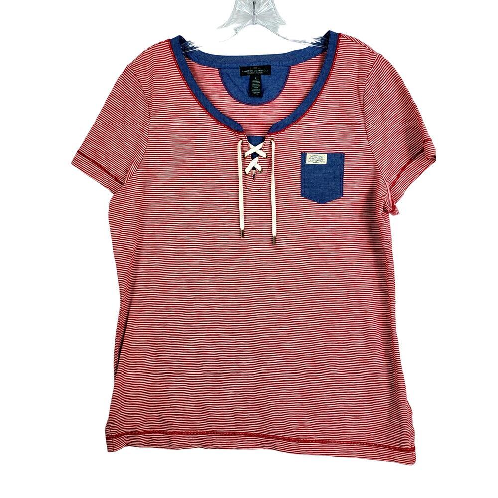 LRL Lauren‎ Jeans Co Short Sleeve Top Nautical Red Cotton Striped Large #696